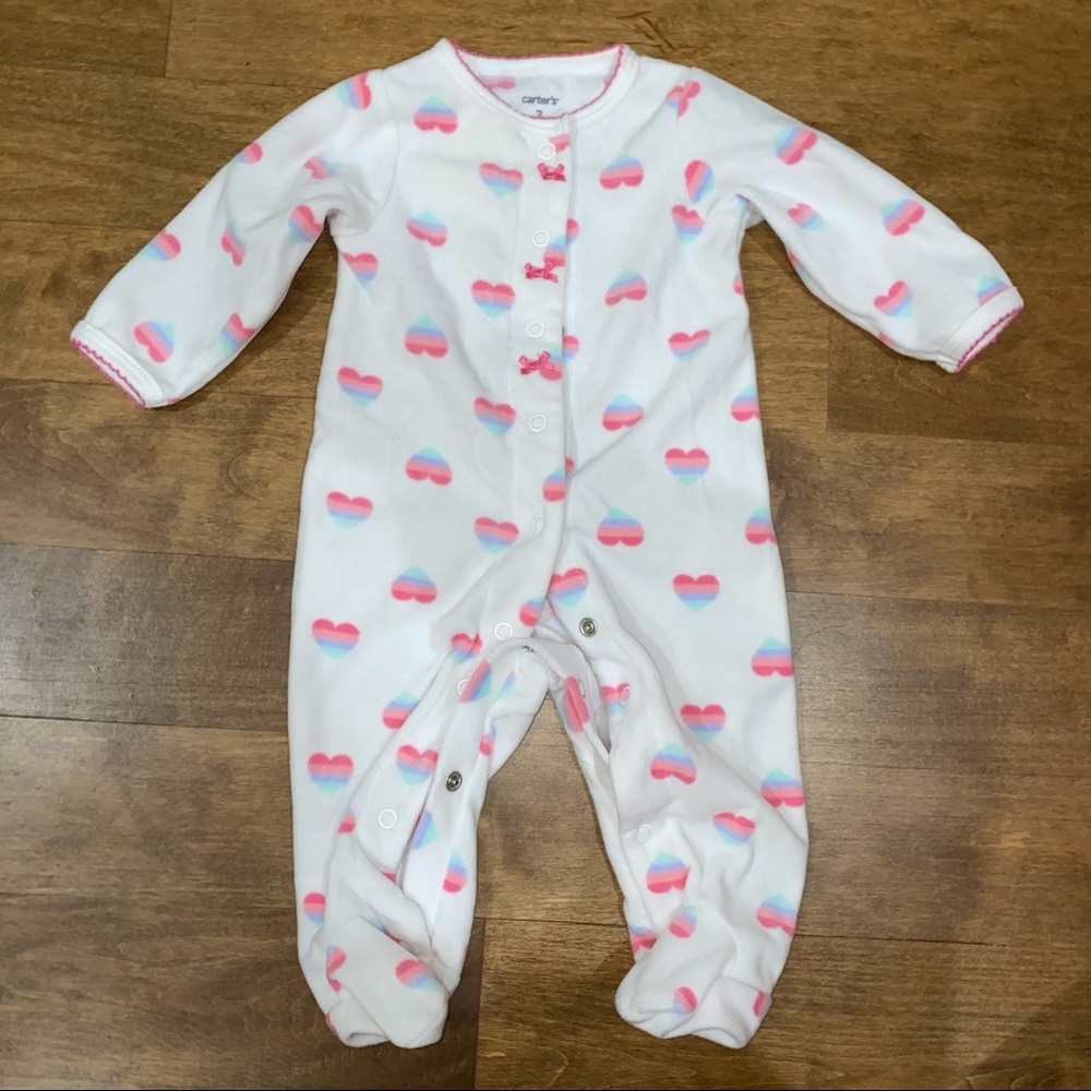 Long sleeve footless onesie full zip white with pink blue hearts plush